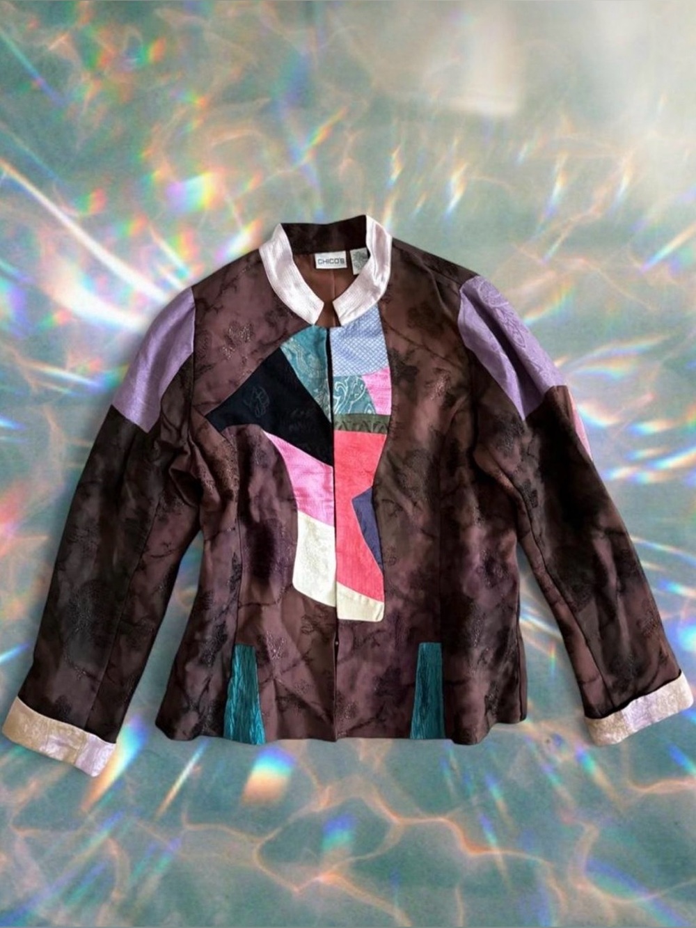 Chico’s Artsy Avant Garde Jacket Patchwork Fabric Neck Hooks Front Preppy Indie